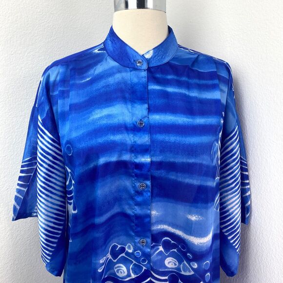 Blue Silky Oversize Semi-Sheer Tunic Blouse 2X Beach Coverup Lounge Boho Resort - Picture 3 of 11